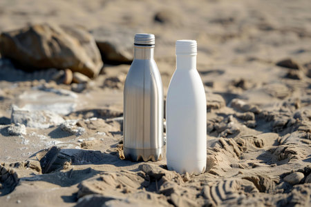 White plastic bottles on sandy beach. Close-up. Selective focus.の素材