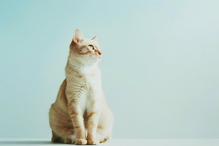 Thai cat sitting on the floor on blue background with copy spaceの素材
