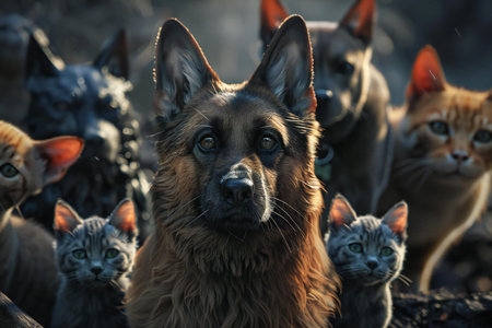 Portrait of a German Shepherd dog with kittens in the background.の素材
