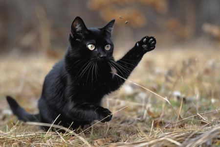 A black cat with yellow eyes plays in the autumn park. Shallow depth of field.の素材