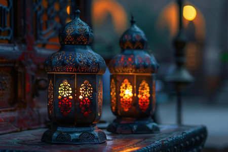 Arabic lanterns at night, Ramadan Kareem, selective focusの素材