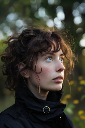Portrait of a beautiful girl with curly hair in the autumn parkの素材