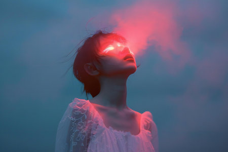 Young woman with red neon light on her face and blue sky backgroundの素材