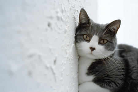 Cute cat lying on the white wall and looking at the cameraの素材