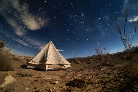 Tent in the desert at night with starry sky and moonの素材
