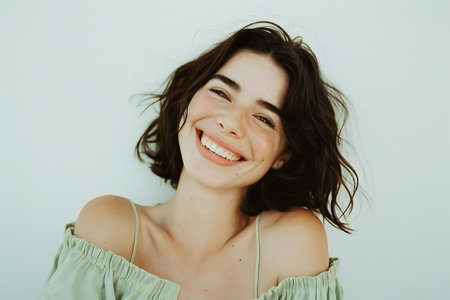 Portrait of a beautiful young woman smiling and looking at the cameraの素材