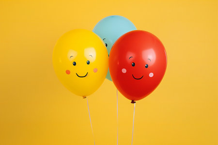 Funny balloons on yellow background. Concept of friendship and love.の素材