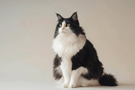 Black and white fluffy cat sitting on a gray background with copy spaceの素材