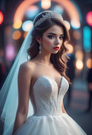 fashion outdoor photo of beautiful sensual woman with dark hair in luxurious wedding dressの素材