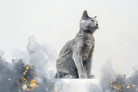 Gray cat sitting on a white background with watercolor splashes.の素材