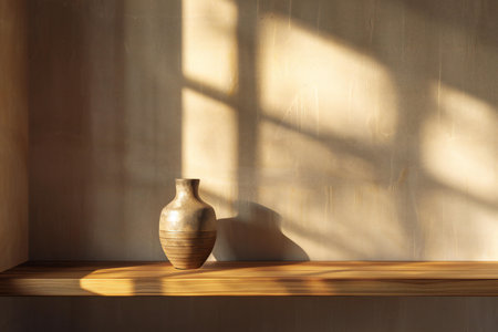 Wooden vase on a shelf in a room with sunlight.の素材