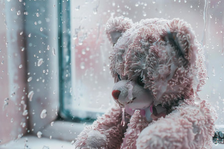 Teddy bear sitting on the windowsill with rain drops on the backgroundの素材