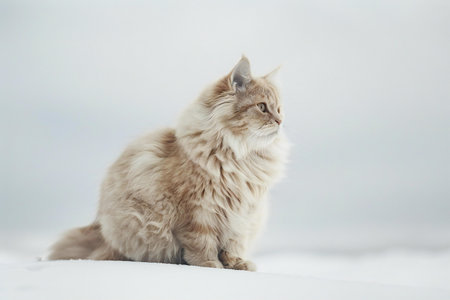Siberian cat sitting on snow in winter, siberian breedの素材