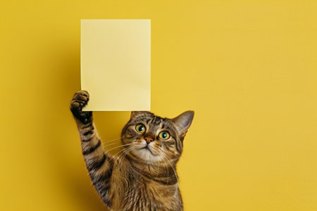 The cat is holding a sheet of paper on a yellow background.の素材