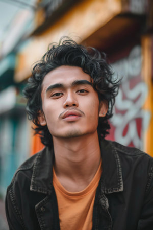 Portrait of young handsome asian man with long curly hair in urban background.の素材