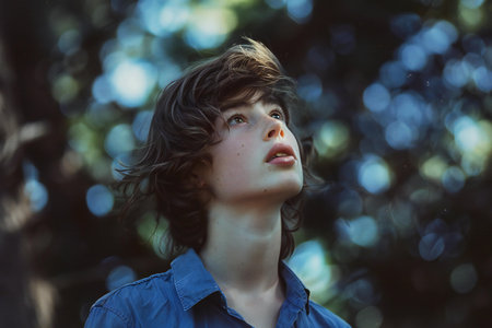 portrait of a boy with curly hair in a blue shirt in the parkの素材