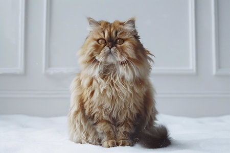 Persian cat sitting on snow in front of the white wall.の素材