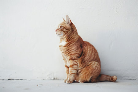 Cute ginger cat sitting on the floor in front of white wallの素材