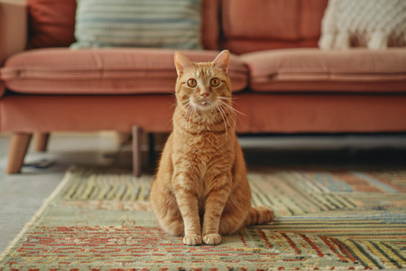 Cute ginger cat sitting on carpet in living room at home.の素材