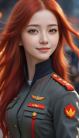 Portrait of a beautiful red-haired girl in a military uniformの素材