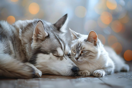 Siberian husky and tabby cat lying on the floorの素材