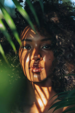 Portrait of a beautiful young african american woman with curly hairの素材