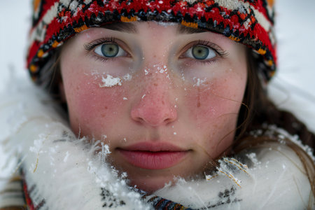 Beautiful girl in winter clothes with snowflakes on her faceの素材
