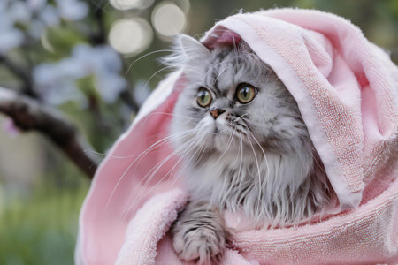 Cute persian cat wrapped in a pink towel with green eyesの素材