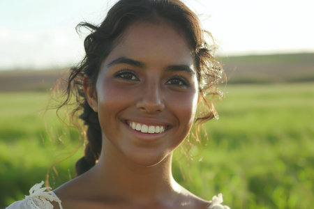 Close up portrait of a beautiful young woman smiling and looking at cameraの素材