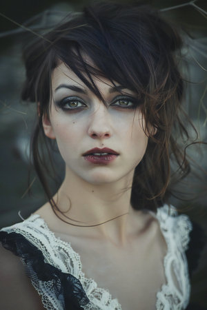 Portrait of a beautiful young woman with dark hair and green eyesの素材