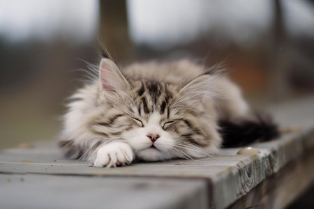 Siberian cat lying on a bench in the park. Selective focus.の素材