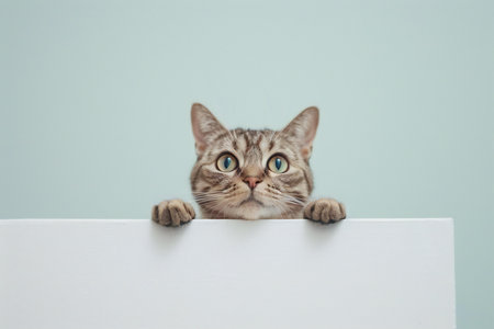 Cute cat peeking out from behind a white board on a blue backgroundの素材