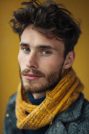 Portrait of a handsome young man in a knitted scarf.の素材