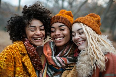 Group of happy multiethnic women in warm clothes having fun outdoors.の素材