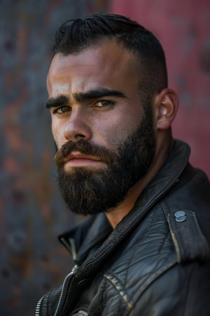 Portrait of a handsome bearded man in a black leather jacket.の素材