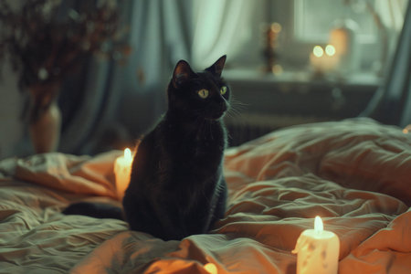 Black cat sitting on the bed with burning candles in the background.の素材