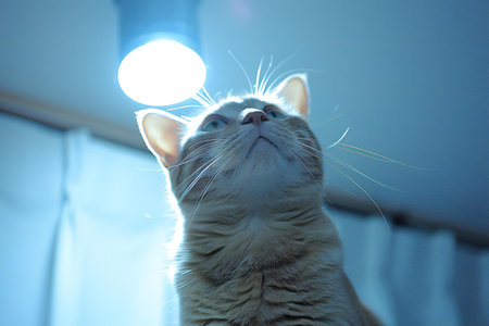 Cat with a light bulb in the room. Portrait of a cat.の素材