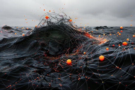 3d rendering of an abstract computer generated composition with various spheres floating in the waterの素材