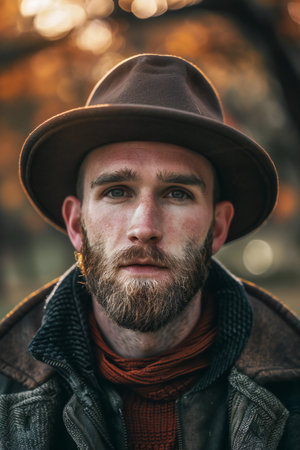 Portrait of a bearded man in a hat on an autumn backgroundの素材
