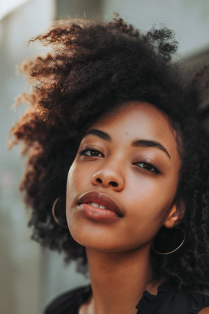 Close up portrait of beautiful african american woman with curly hair.の素材