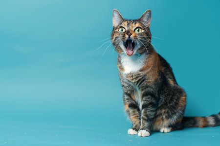 Cute tabby cat yawning on blue background with copy spaceの素材