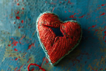 Heart made of red thread on a blue background. Valentine's Dayの素材