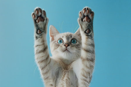 Funny cat with blue eyes on blue background. Studio shot.の素材