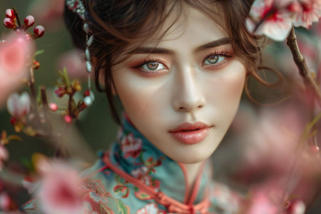 beautiful asian girl in kimono and sakura blossomの素材
