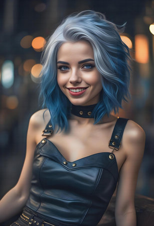 Portrait of a beautiful young woman with blue hair in a leather jacket.の素材