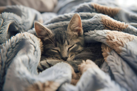 Cute tabby cat sleeping under soft blanket at home, selective focusの素材