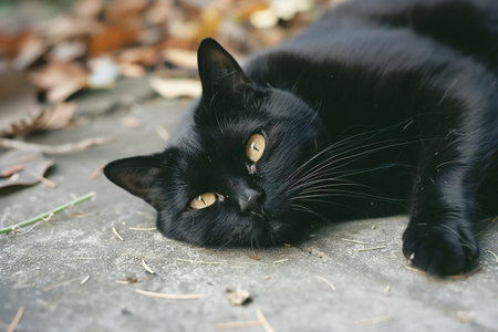Black cat with yellow eyes lying on the ground in the park.の素材