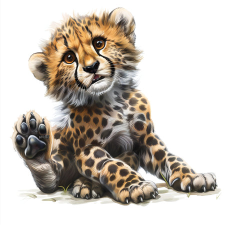 Cheetah cub sitting on the grass isolated on white background.の素材