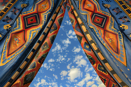 Closeup of a curtain with blue sky and clouds in the backgroundの素材
