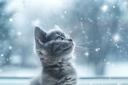 Maine coon kitten looking out the window on snowfall backgroundの素材